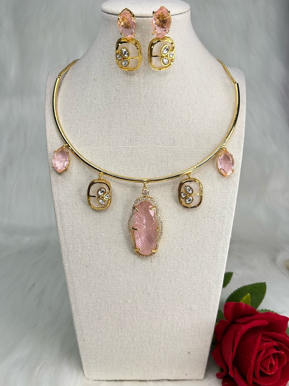 Gold-Tone Pink Crystal Hasli Necklace With Earring
